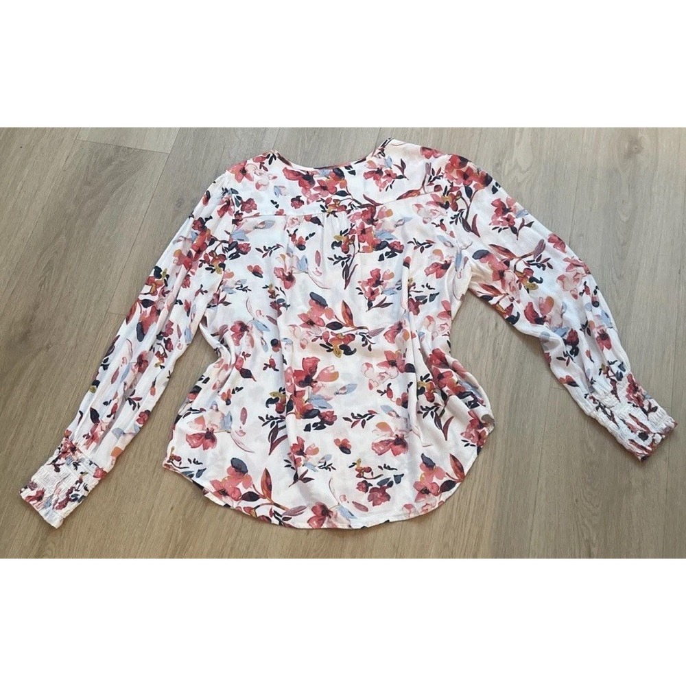 Lucky Brand White Floral Long-Sleeve Tie Front Peasant Top Size Large - Picture 2 of 6